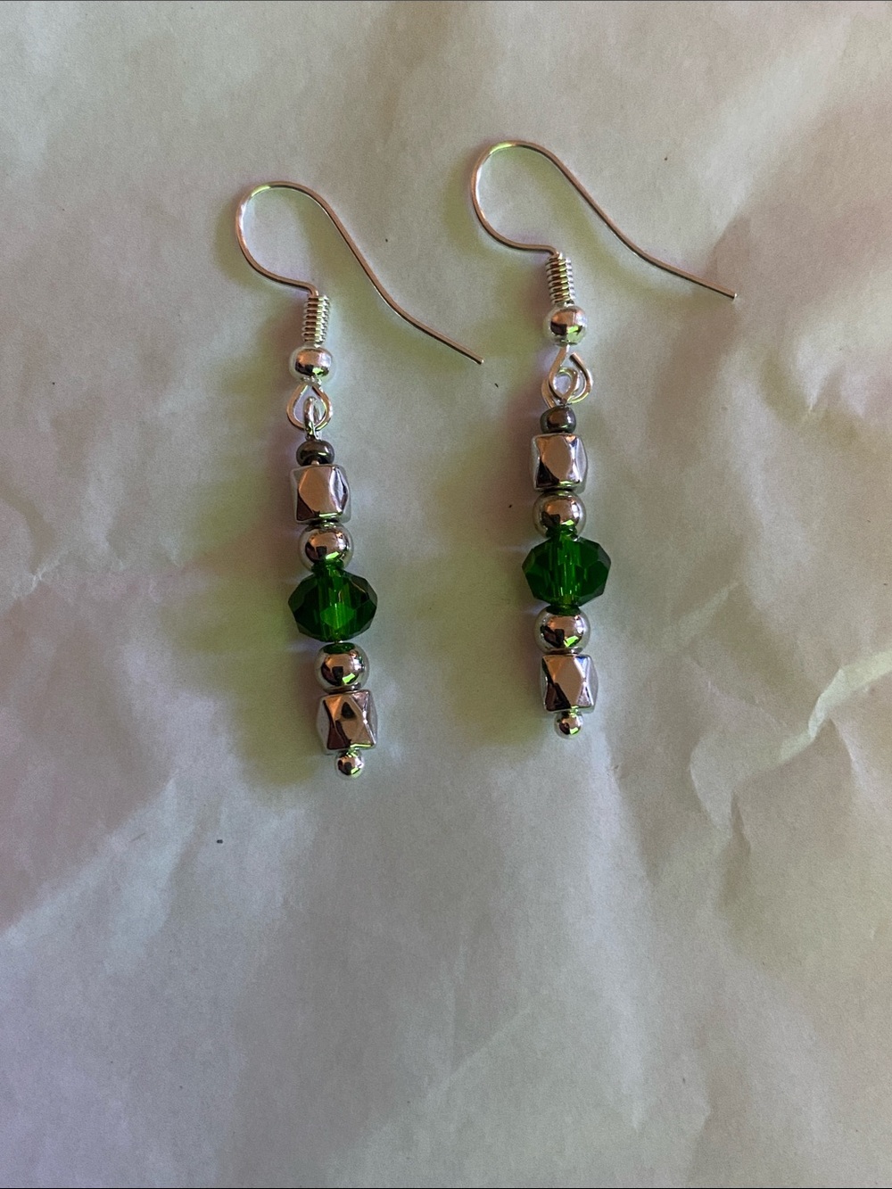 Green Crystal Drop Earrings with Silver Accents